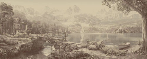 пейзаж, панорамный, горизонталтный, серо-бежевая, озеро, горы, мостик