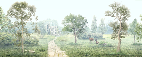 пейзаж, панорамный, горизонтальный, зеленая, парк, дорожка, олени