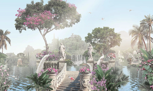 пейзаж, парк, озеро, статуи, павлины