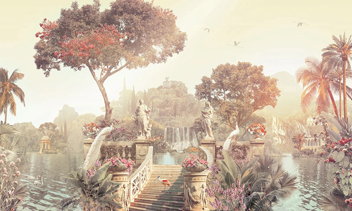 пейзаж, белые павлины, бежевые, озеро, статуи