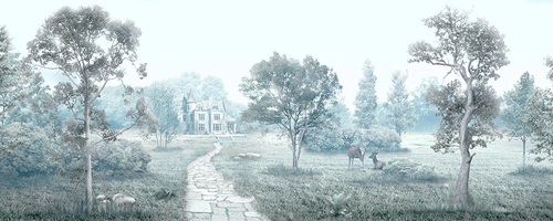 пейзаж, панорамный, горизонтальный, бирюзовая, парк, дорожка, олени