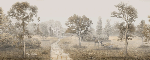 пейзаж, панорамные, горизонтальные, бежевые, парк, дорожка, олени