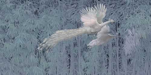 пейзаж, светло зеленая, павлины, белые