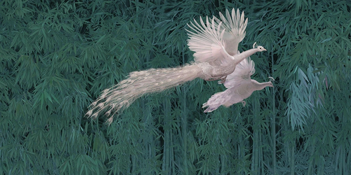 пейзаж, ярко зеленая, павлины, белые