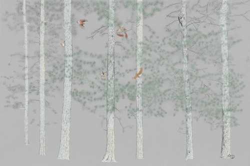 пейзаж, березы, ветки, птицы