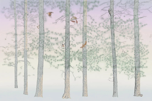 пейзаж, березы, ветки, на светлом фоне