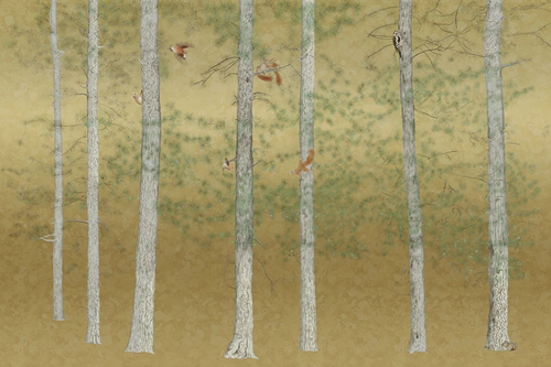 пейзаж, березы, ветки, на золотом фоне