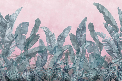 пейзаж, листья тропические, банановые листья, зеленая, розовая