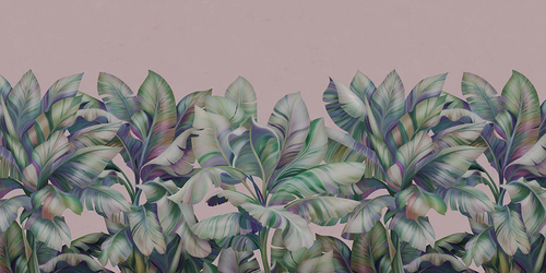 пейзаж, листья тропические, розовая, зеленая