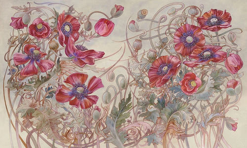 цветы, маки, красные, на  светло коричневом фоне