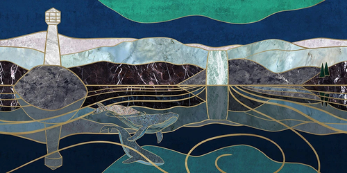 абстракция, желтые линии, витраж, зелено-синяя