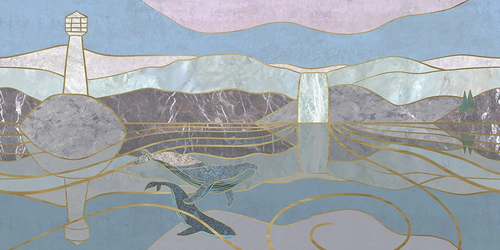 абстракция, розово-голубая, витраж, золотые линии