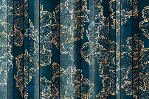 цветы, узор, золотые линии, темно синий
