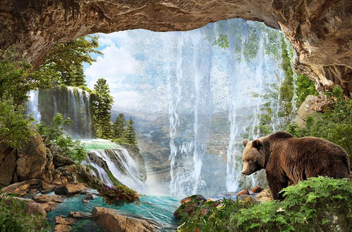 пейзаж, водопад, медведь