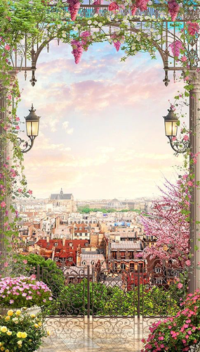 арка, город, терраса, цветы