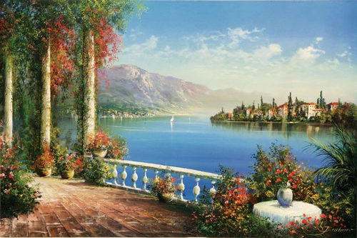 живопись, река, колонны