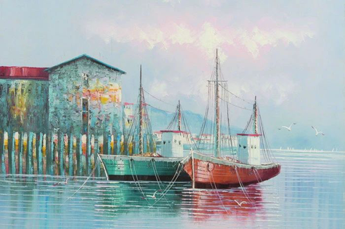 пейзаж, море, парусники, живопись
