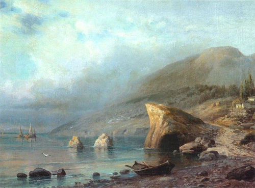 пейзаж, море, горы, живопись, голубое небо