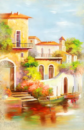 лодка, канал, лестница, облака, цветы, дом, камень, город, вода, деревья, окно, небо, живопись, река, венеция