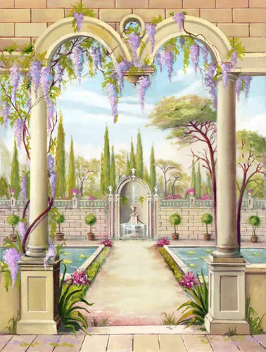 пейзаж, природа, арка, вид на сад, зеленые, выход в сад, сиреневые, желтоватые, арки, колонны, кипарисы, деревья, грозди, цветы, сад с прудом, буддлея, сад с фонтаном, внутренний двор, итальянский дворик
