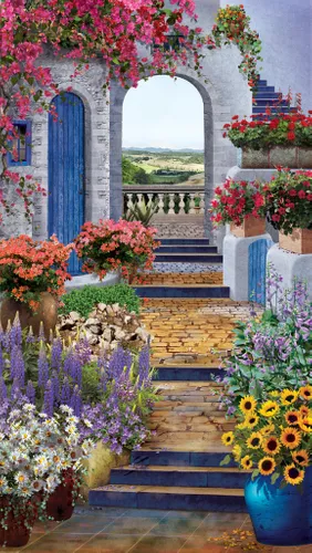 цветы, горшки, природа, арка, греческие, каменная лестница, разноцветные, дворик, расширяющие пространство, цветы в горшках, двор, ромашки, розовые цветы