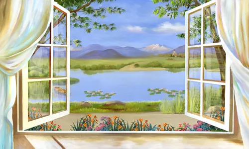 пейзаж, вид из окна, голубые, вид на озеро, зелень, синие, распахнутое окно, деревья, ветки, водоем, пруд, цветы, горы вдали, природа