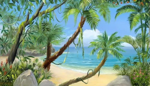 природа, экзотика, тропические деревья, берег моря, тропическая флора, лианы, пляж, пальмы, песчаный пляж, экзотические растения, тропики, экзотическая природа, море, океан, морской пейзаж 