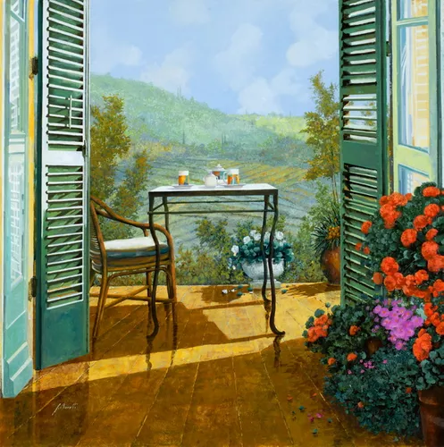 веранда, балкон, красные, столик, голубые, пейзаж, чай, холма, цветы, дом, зеленые, небо, поля, белые, природа