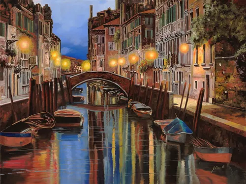 здания, фонари, желтые, красные, небо, река, набережная, гондолы, дома, лодки, улица, венеция, вечер, мостики, синие