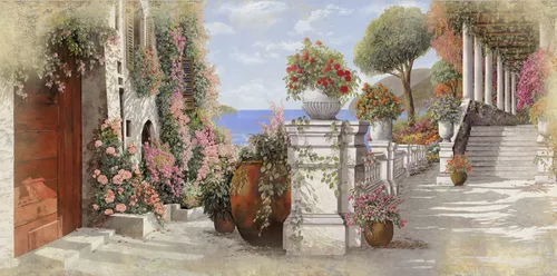 природа, лестница, колонны, клумбы, розовые, облака, небо, камень, красные, цветы, голубые, море, оранжевые, белые, здания, деревья, зеленые