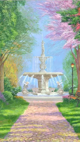 фонтан, розовые, голубые, зеленые, солнечные, сад, парк, сиреневые, деревья, живопись, дорожка в парке, природа, фонтаны, парки, сады