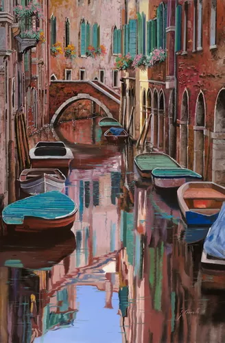 дома, город, река, бордовые, цветы, венеция, розовые, зеленые, лодки, здания, синие, окна, ставни, вода, красные