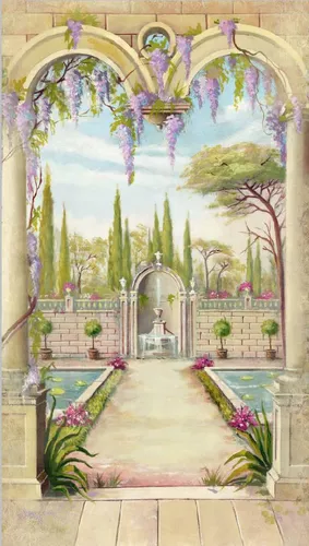 пейзаж, в сад, деревья, арка, внутренний двор, цветы, буддлея, грозди, арки, зеленые, бежевые, пруд, желтоватые, расширяющие пространство, колонны, сад