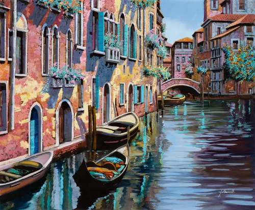 красные, лодки, здания, ставни, цветы, города, улочки, зеленые, желтые, улица, окна, венеция, растения, город, оранжевые, вода, улочка, синие, улицы Венеции