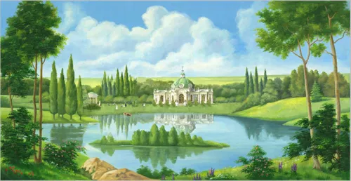 пейзаж, озеро, зеленые, деревья, водоем, парк, с озером, сельский пейзаж, природа, голубые, дом у озера