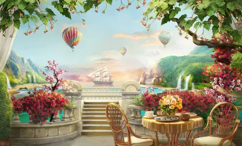 пейзаж, природа, воздушные шары, корабль, зеленые, стулья, бежевые, цветы, стол, деревья, растения, горы, розовые, водопады, водоем, красные, лестница