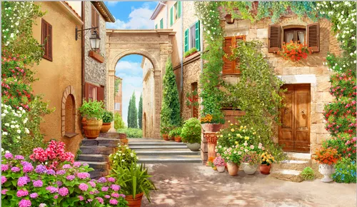 двери, облака, улица, город, небо, цветы, растения, арка, дома, пионы, разноцветные, лестница, окна