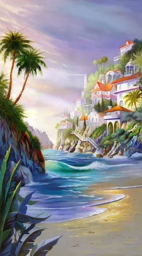 в детскую комнату, волшебные, сказочные, пейзаж, фантастический пейзаж, синие, голубые, бирюзовые, дом на берегу моря, белые, красочные, живописные, экзотические, пляж, остров, берег, острова, роскошный особняк, на море
