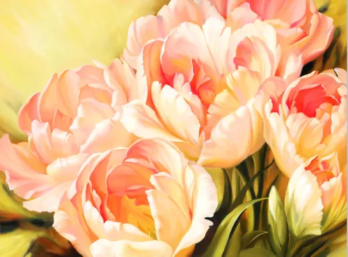 желтые, персиковые, цветы, чайные, тюльпаны, красноватые, букет, крупные цветы, белые, нежные, живопись, на желтом фоне, живописные цветы