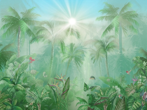 природа, растения, тропический лес, листья, солнце, пальмы, попугай, тропики, птицы