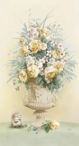 цветы, вазон, букет цветов, желтые, чайные, с ангелочком, нежные, пастельных тонов, светлые, бежевые, лепнина, над столом, в гостиную