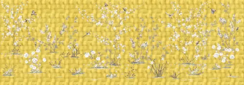 шинуазри, желтые, белые, цветы, сады шинуазри, мозаика, кусты, птицы, на желтом фоне, ярко желтые, узкие