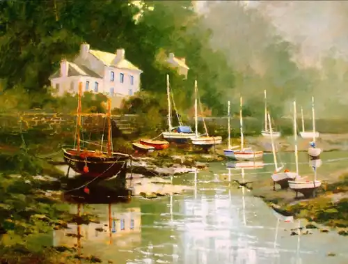 пейзаж, живопись, природа, с парусниками, картины, лодки, пруд, вода, дом