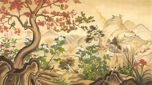 пейзаж, бежевые, горы, китайские, деревья, коричневые, холмы, кусты, сепия, цветы, песочные цвета, нарисованные, зеленые, китай, болотные, дерево, птицы, красные, пустыня, в китайском стиле