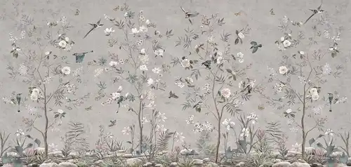 шинуазри, сад, на сером фоне, с птицами, с цветами, деревья, горизонтальные, широкие, во всю стену