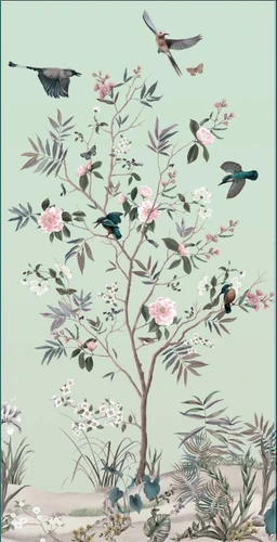 шинуазри, дерево, с птицами, с цветами, на светло зеленом фоне, вертикальные