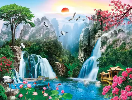 пейзаж, японский, яркий, с водопадом