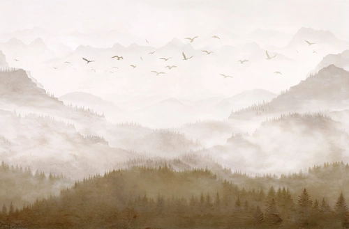 лес, птицы, горы, туман, ели, деревья