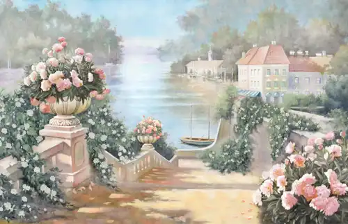 в зал, пейзаж с цветами, с розовыми пионами, пейзаж, с рекой