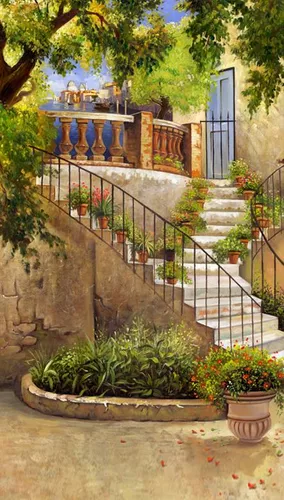 лестница, деревья, горшки, растения, каменная лестница, балкон, цветы, лестницы, зеленые, бежевые, картинки, живопись